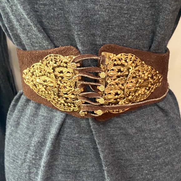 MISS DIOR Gold/Brown VTG Suede Leather Lace-Up Belt S - Picture 1 of 4